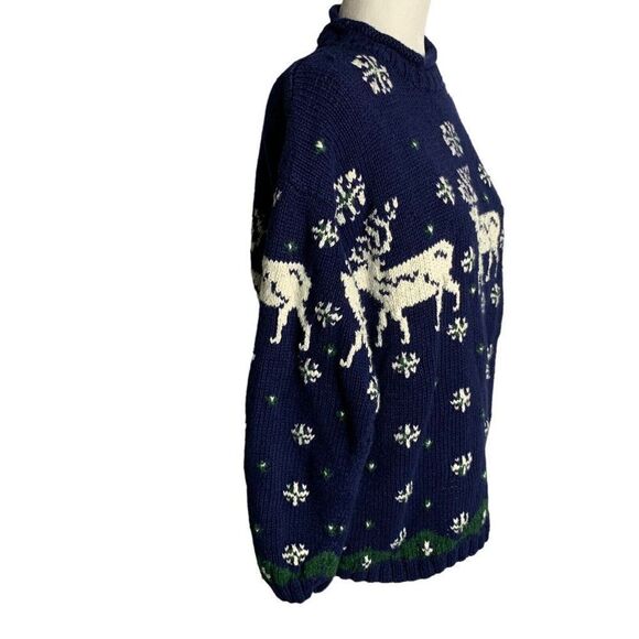Vintage Jones New York Hand Knit Sweater M Petite Blue Reindeer Pullover - Picture 5 of 6